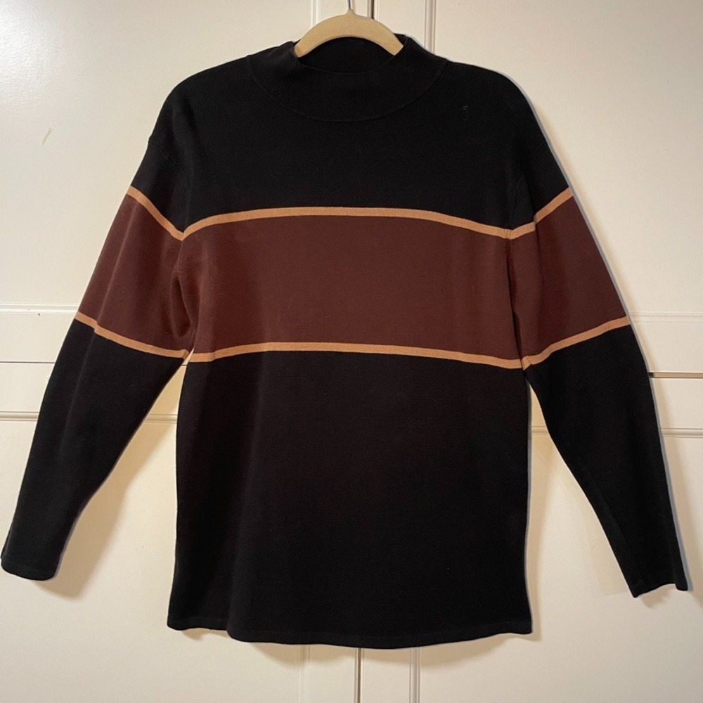 Talbots Womens Medium Black Brown Striped Mock Neck Cotton Sweater Long Sleeve